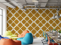 View of a Home office with the Textured Lattice Trellis wallpaper quatrefoil rhythm.