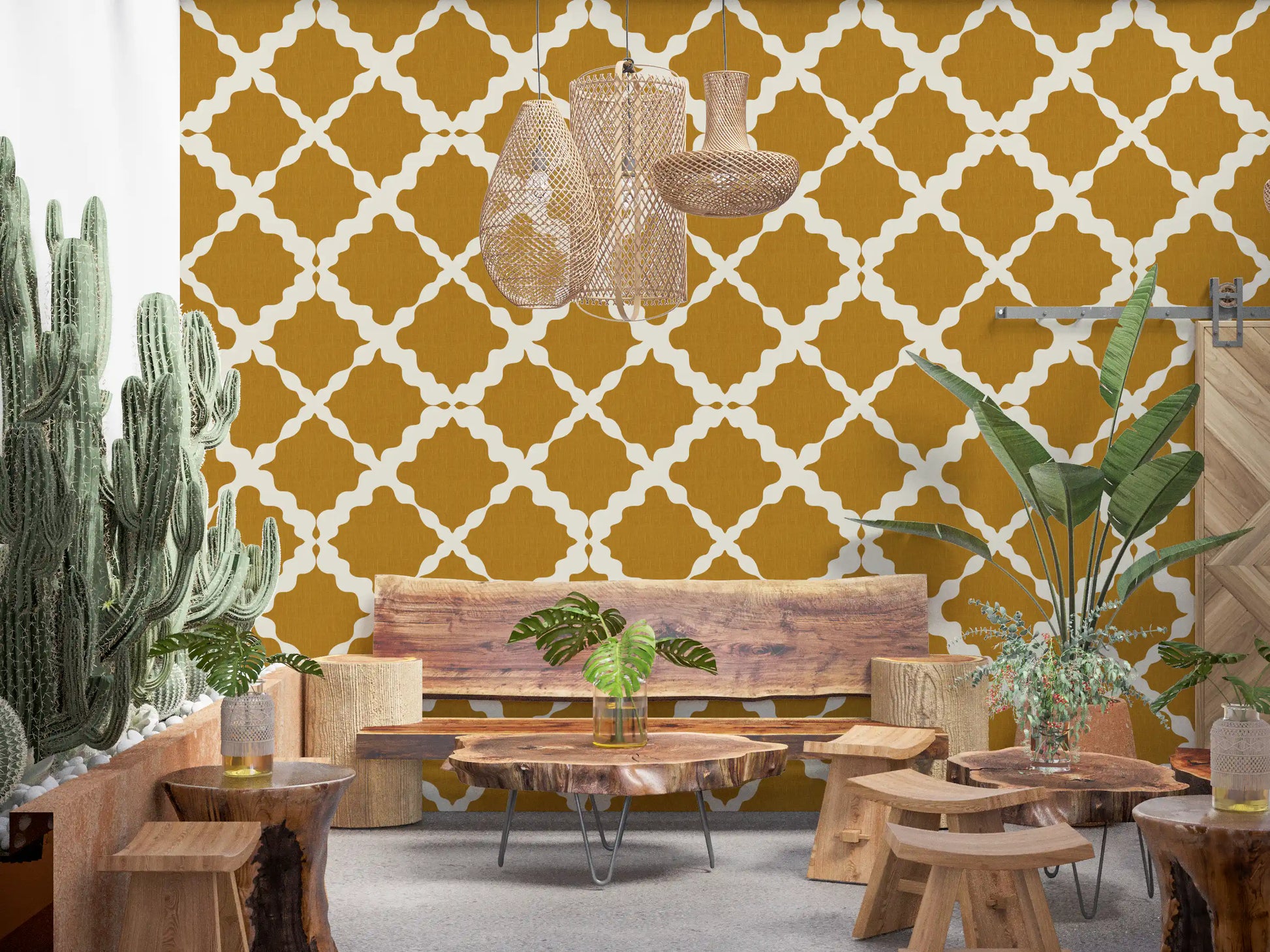 Repeating ogee pattern relaxes a Dining room area in Textured Lattice Trellis wallpaper view.