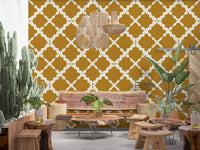 Repeating ogee pattern relaxes a Dining room area in Textured Lattice Trellis wallpaper view.