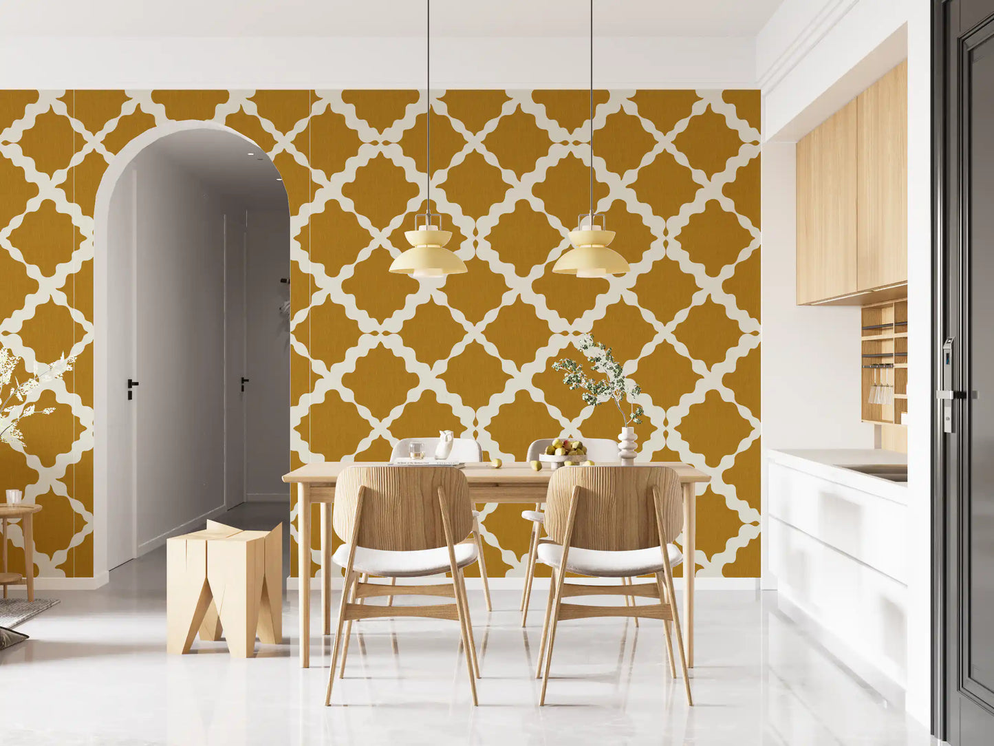 White curves crisscross the Textured Lattice Trellis wallpaper over mustard linen.