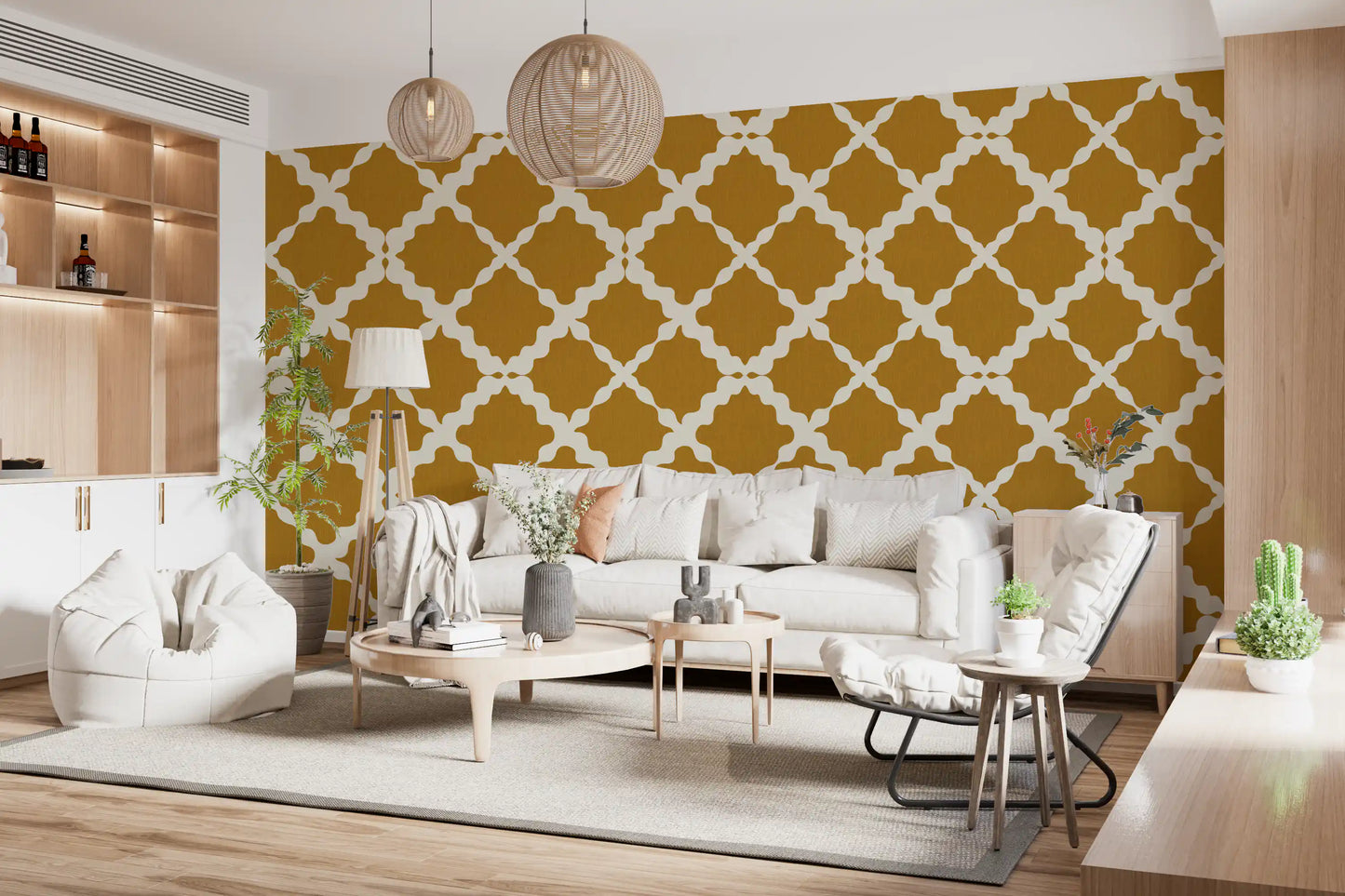 Geometric repeat reads quiet in a Living room with the Textured Lattice Trellis wallpaper.
