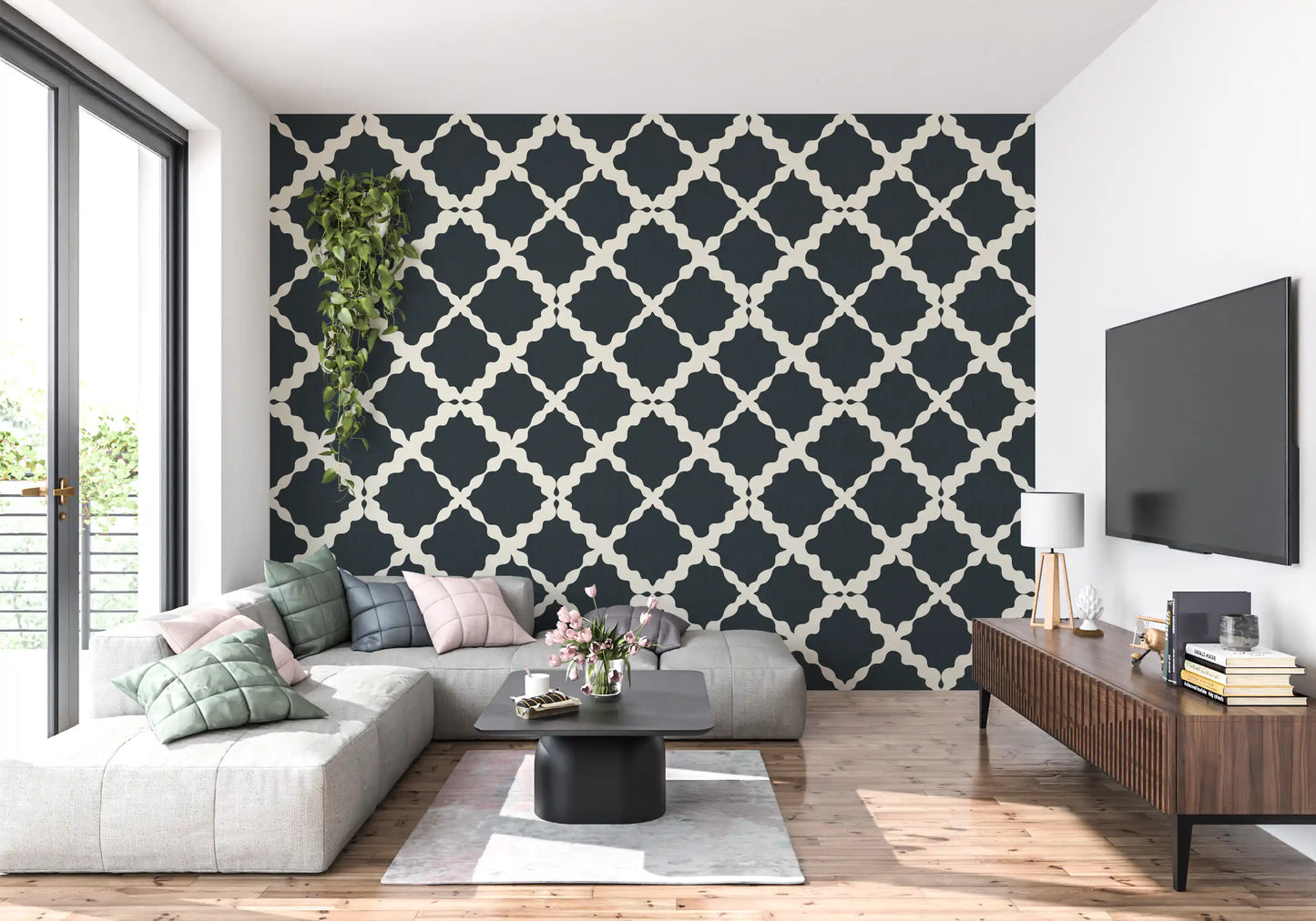 Textured lattice geometric wallpaper displays off-white wavy lines over dark grey.