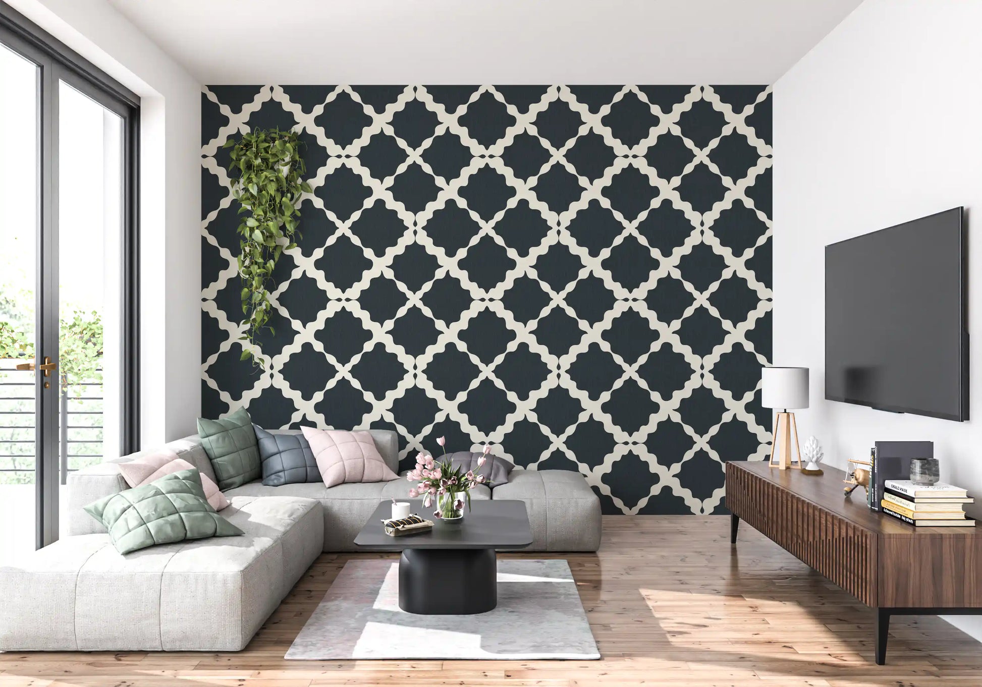 Textured lattice geometric wallpaper displays off-white wavy lines over dark grey.