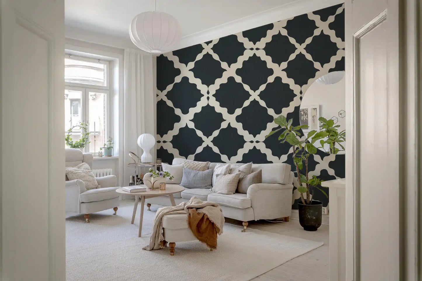 Elegant dining room settings incorporate this minimalist wavy geometric wallpaper perfectly.