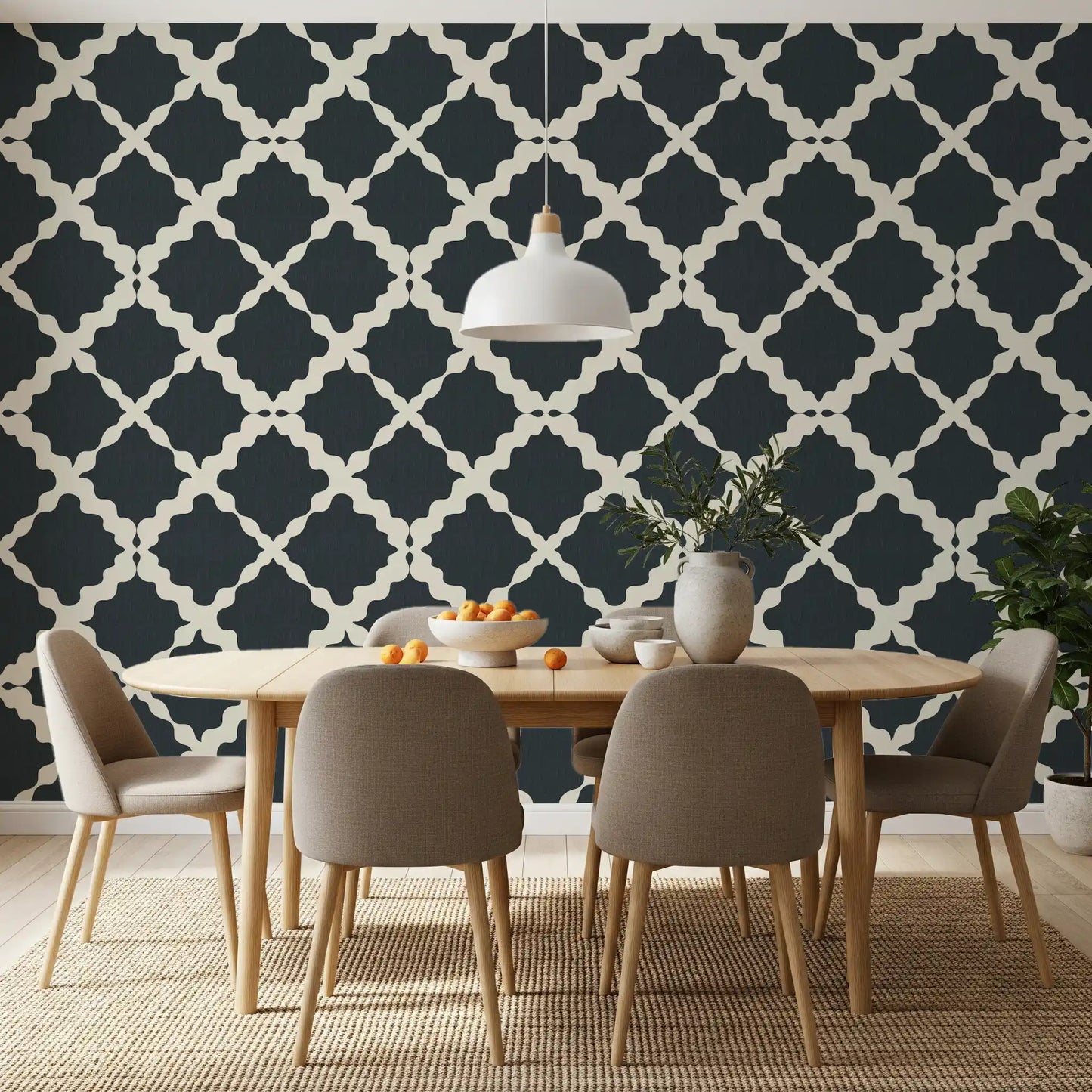Seamless geometric wallpaper patterns display interconnected curved diamond shapes.