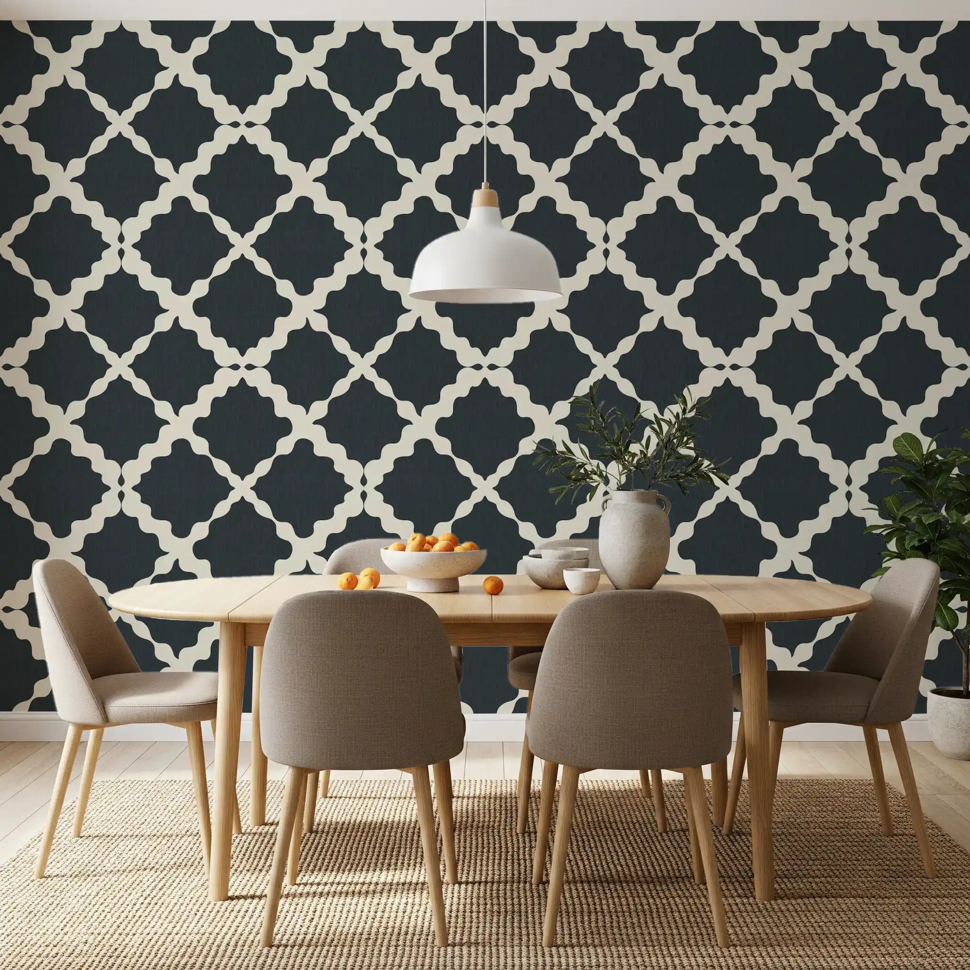 Seamless geometric wallpaper patterns display interconnected curved diamond shapes.