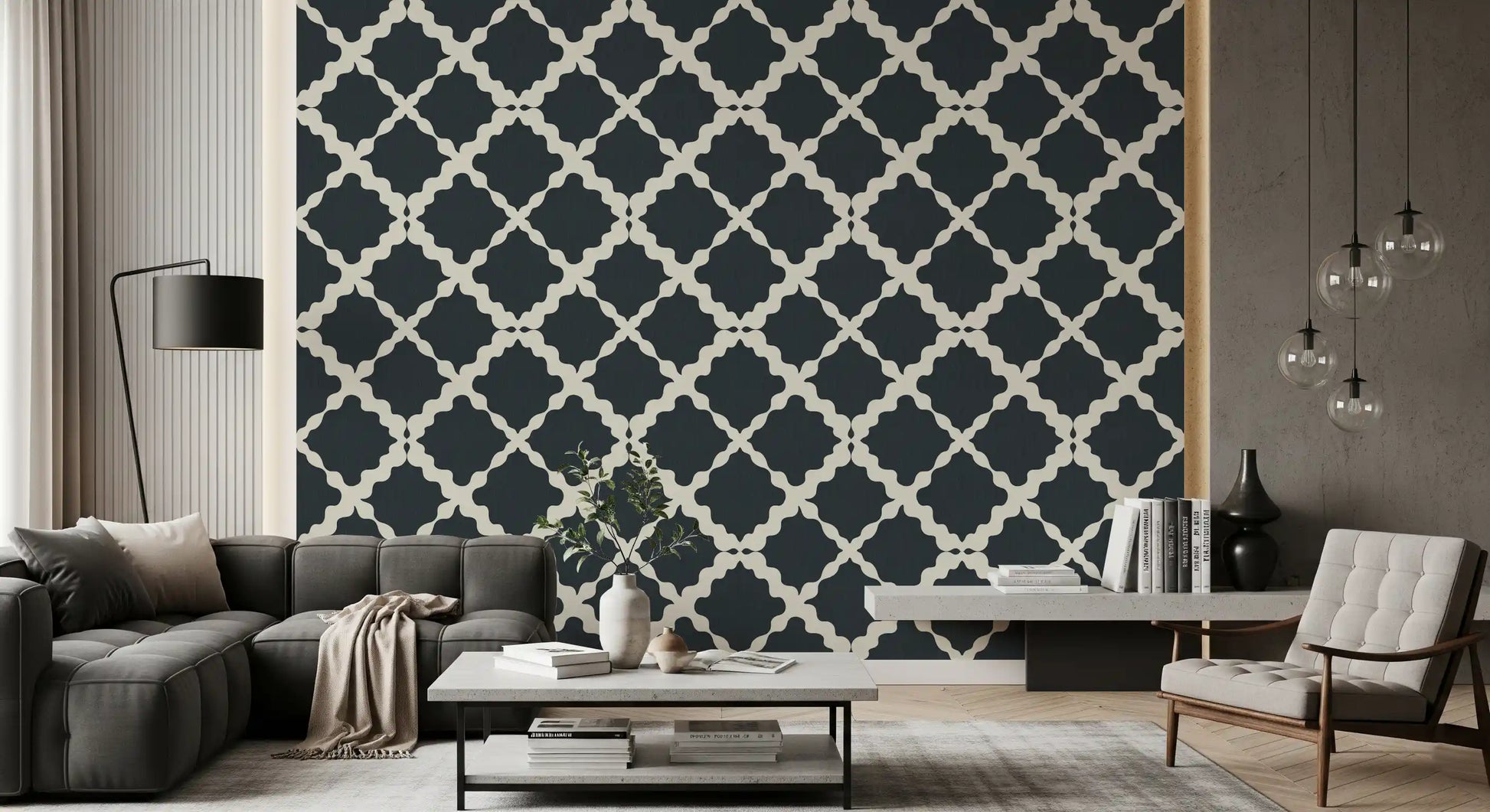 living room environments glow alongside the curvy lattice modern wallpaper.