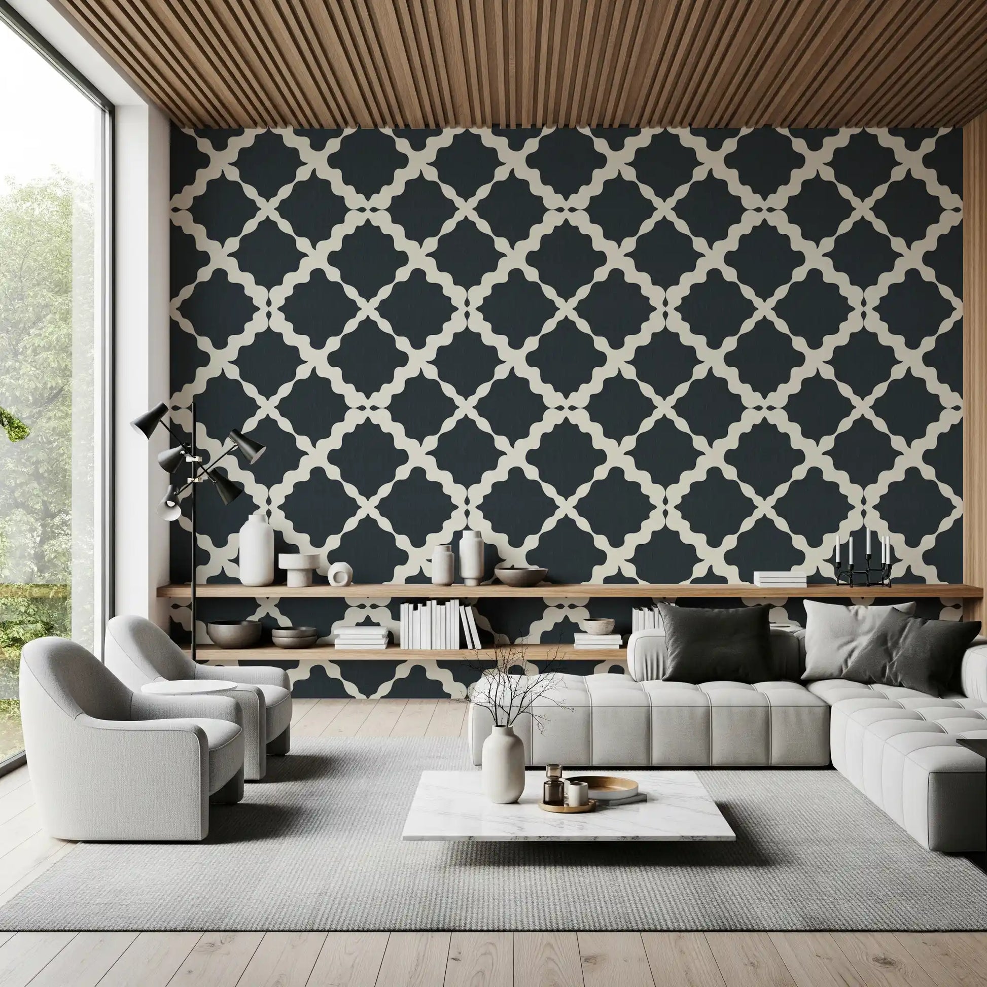 Minimalist modern wallpaper introduces repeating wavy lines into a sunlit lounge area.