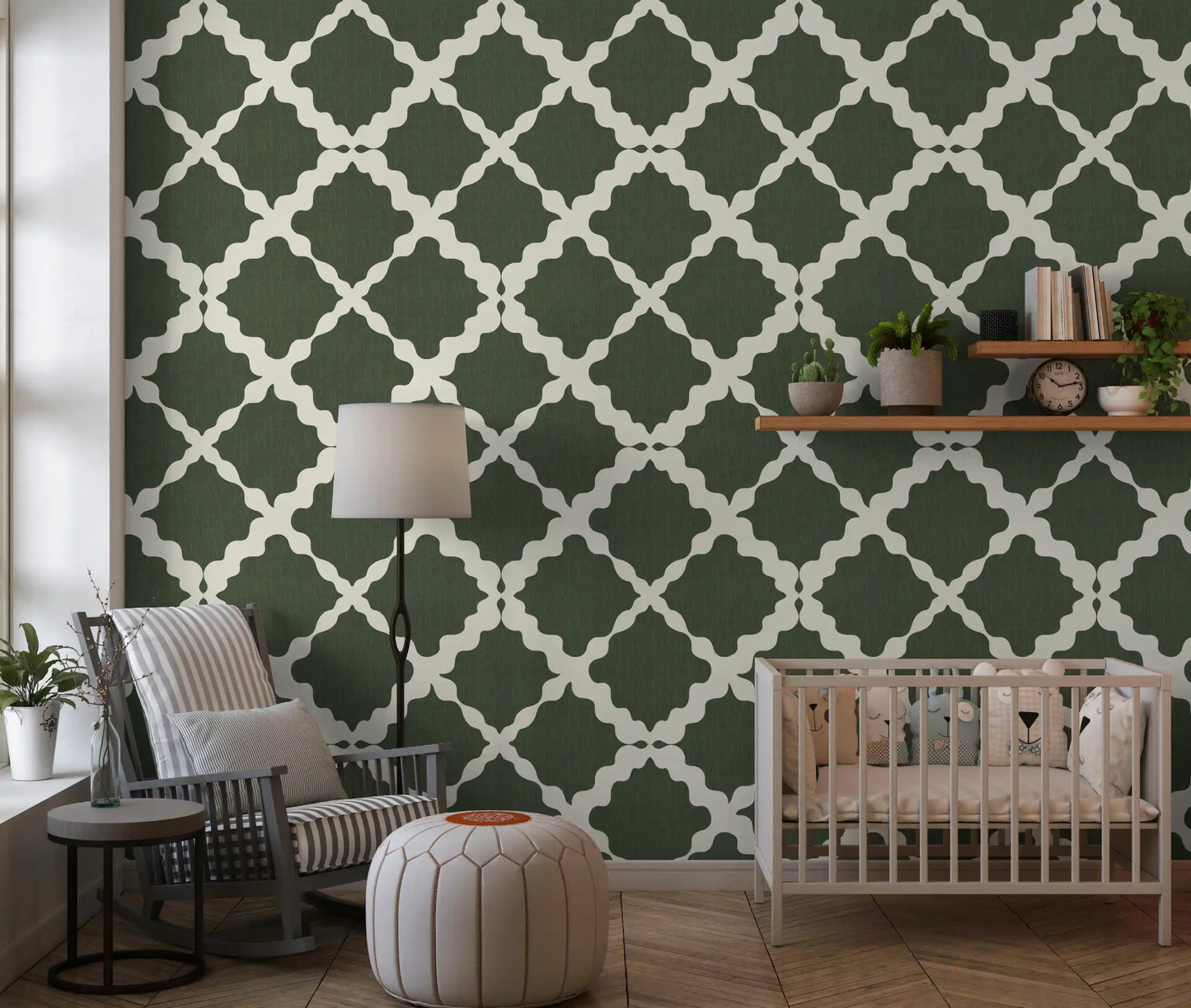 This Textured Lattice Trellis Geometric Moss Green Minimalist Modern Wallpaper display