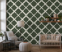 This Textured Lattice Trellis Geometric Moss Green Minimalist Modern Wallpaper display