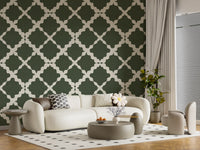 Lounges feature Textured Lattice Trellis Geometric Moss Green Minimalist Modern Wallpaper.