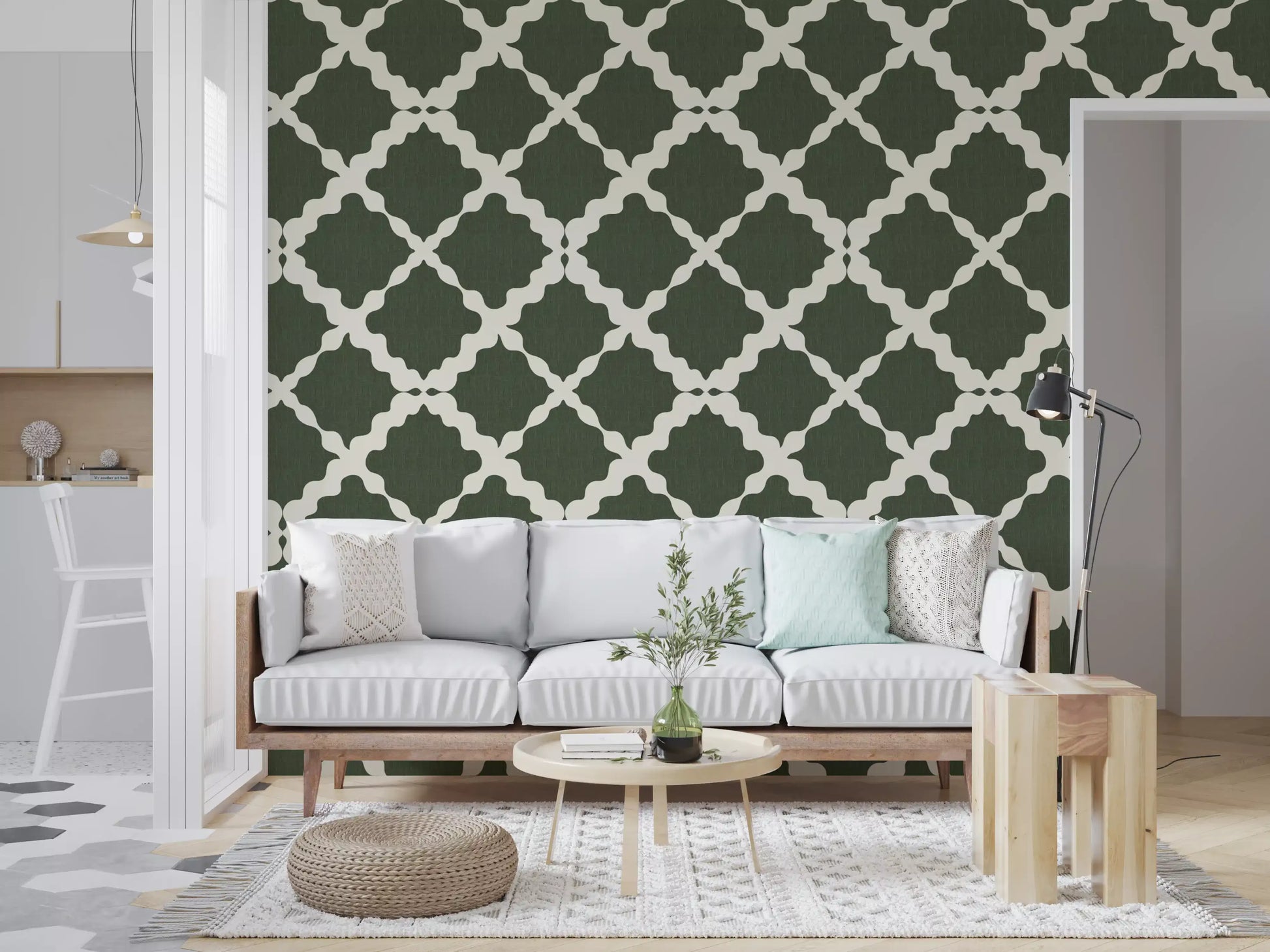 Quiet hallway areas show textured wallpaper panels.