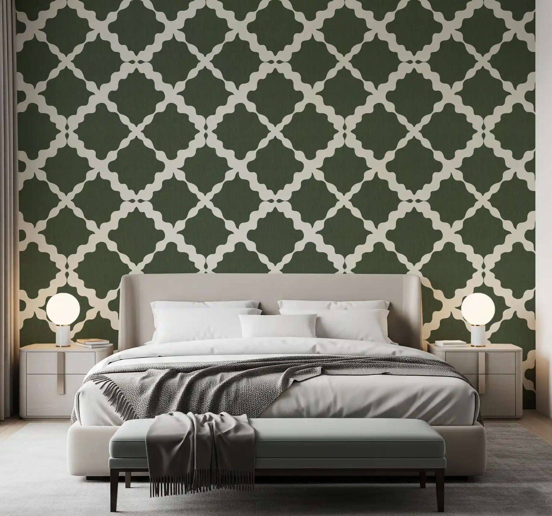Textured Lattice Trellis Geometric Moss Green Minimalist Modern Wallpaper in a bedroom.
