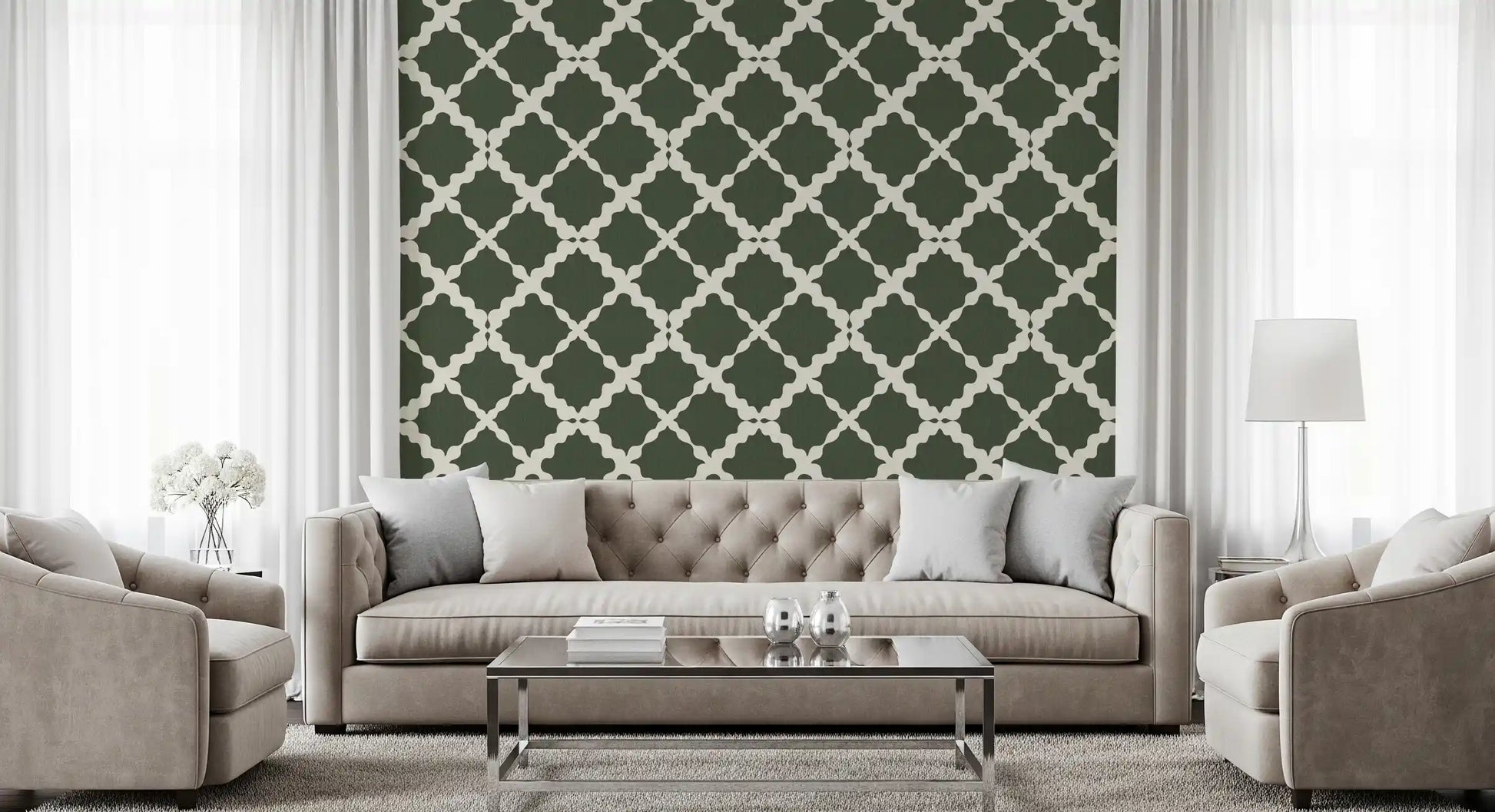 Green trellis wallpaper accents a quiet Living room.
