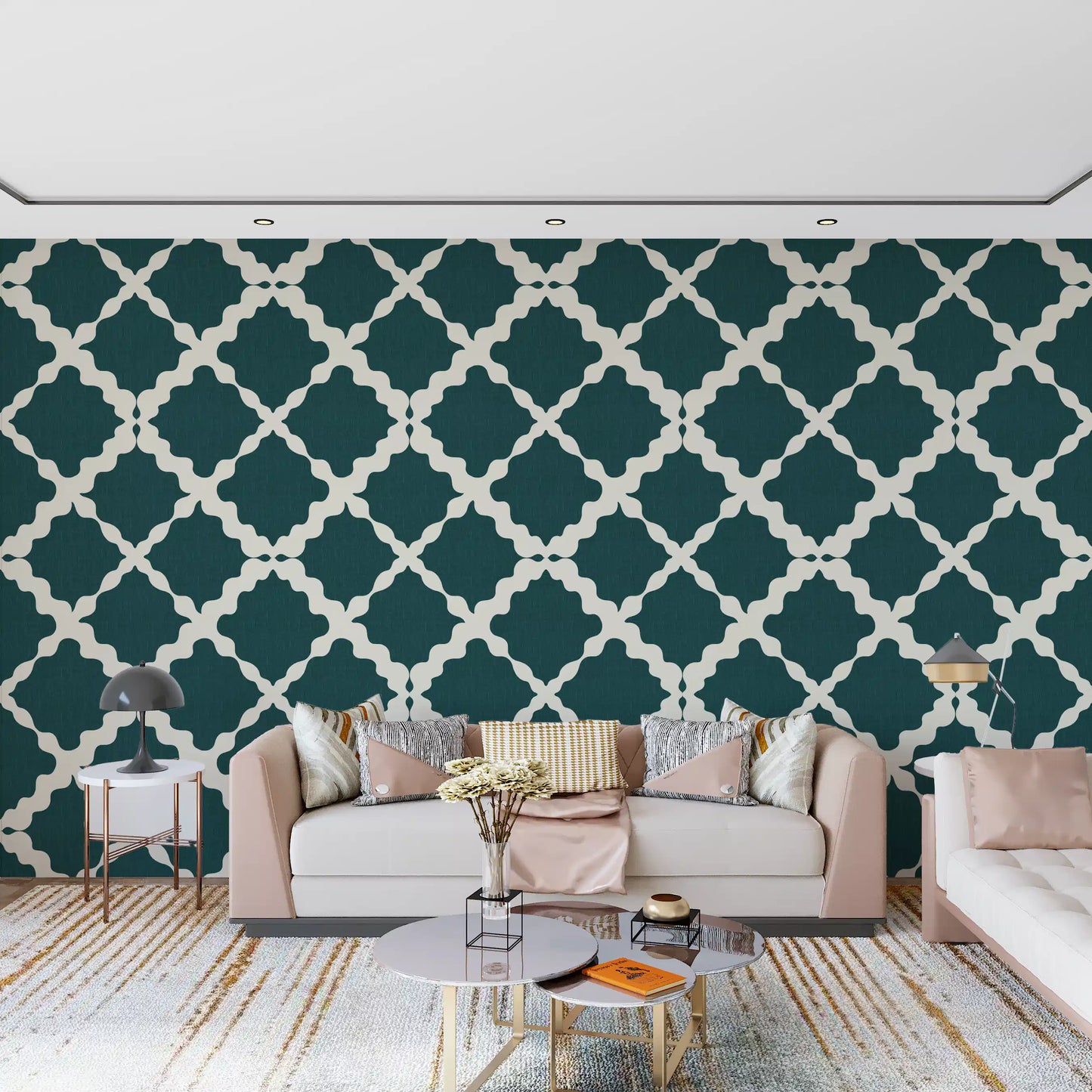 Ivory outlines on teal trellis wallpaper steady a lounge with geometric balance