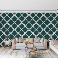 Ivory outlines on teal trellis wallpaper steady a lounge with geometric balance