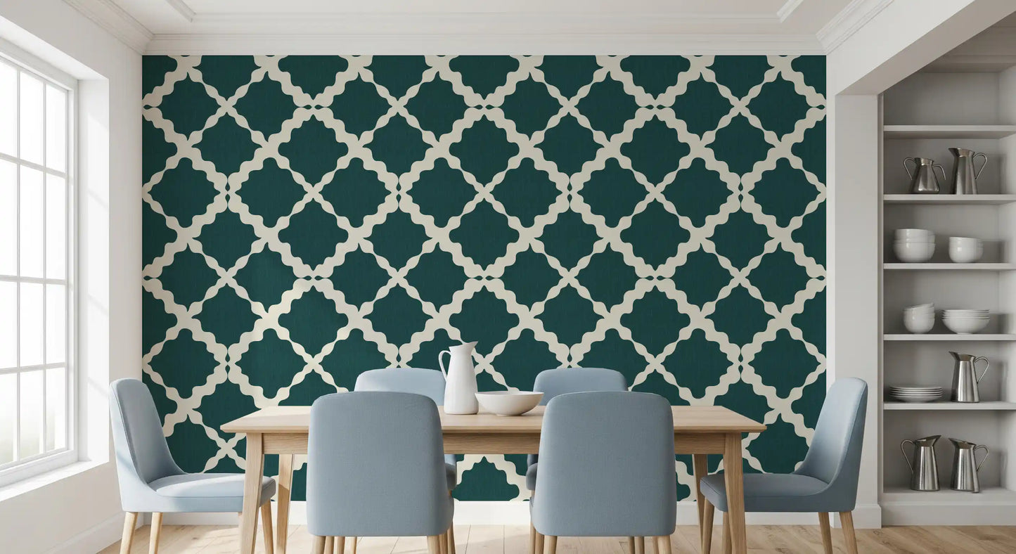 Lattice quatrefoil pattern reads minimalist in a dining room when set in teal wallpaper
