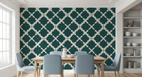 Lattice quatrefoil pattern reads minimalist in a dining room when set in teal wallpaper