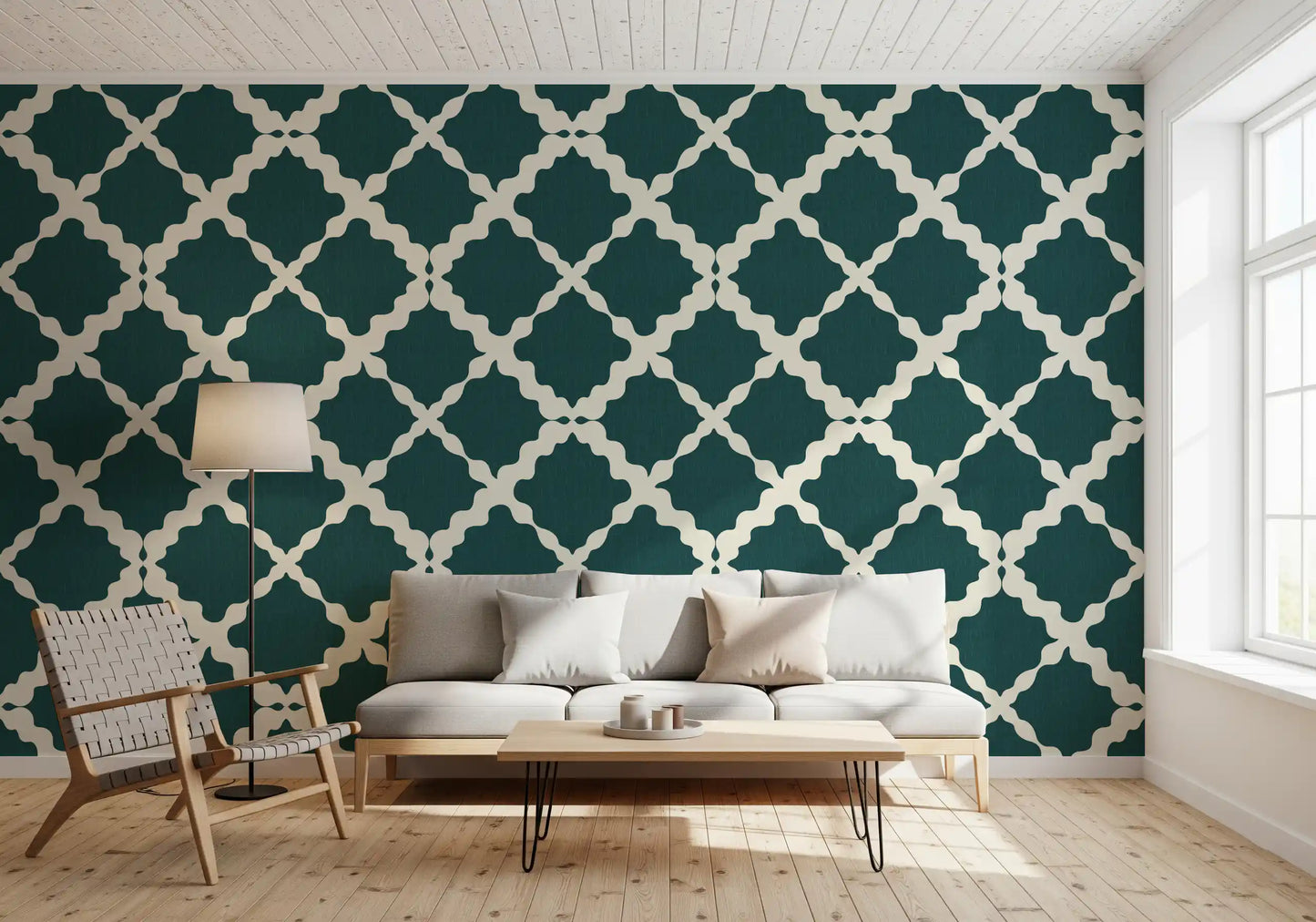 A living room gains clean structure through deep teal lattice wallpaper detail