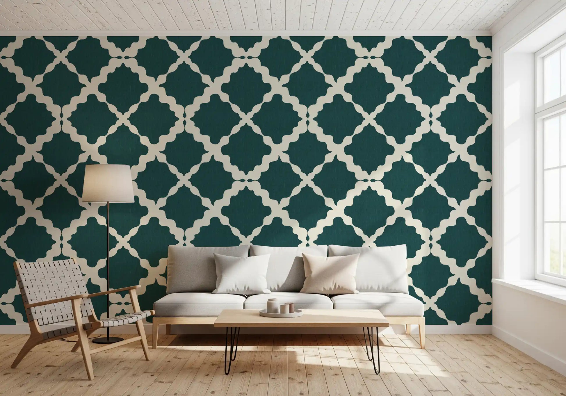 A living room gains clean structure through deep teal lattice wallpaper detail