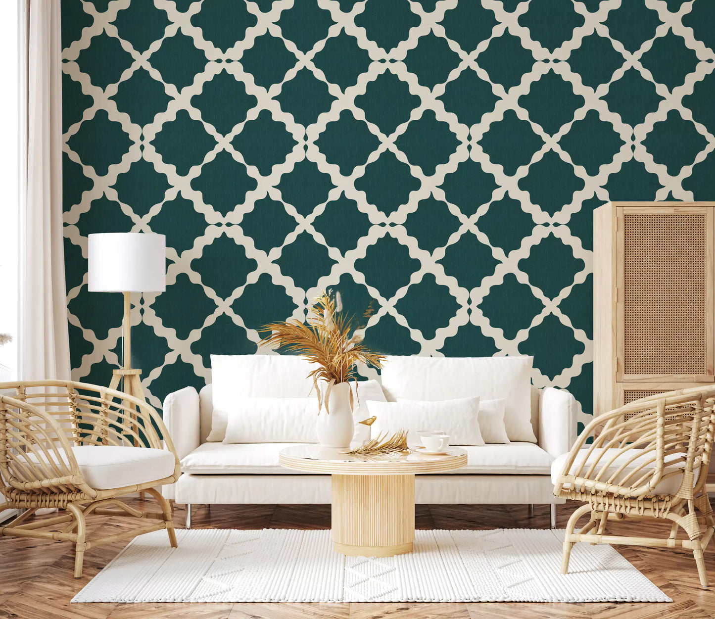 Repeating quatrefoil shapes laid in cream over teal trellis wallpaper background