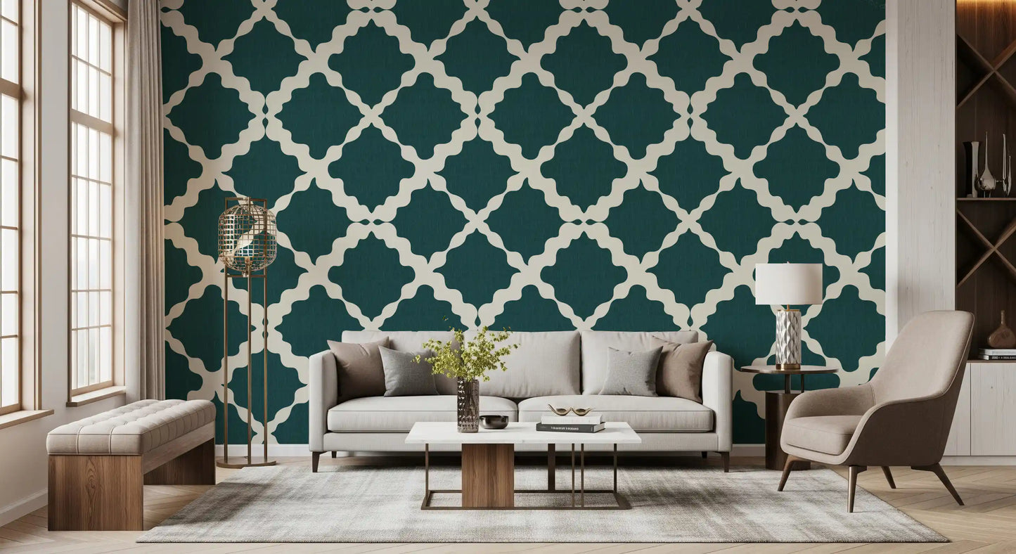 Geometric lattice motif in deep teal wallpaper with ivory linen-texture base