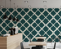 Cream quatrefoil patterning over deep teal wallpaper keeps a Café quietly modern