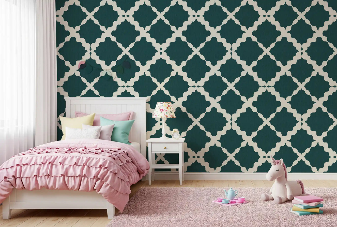 Teal trellis wallpaper lends a modern Kids bedroom a calm geometric mood
