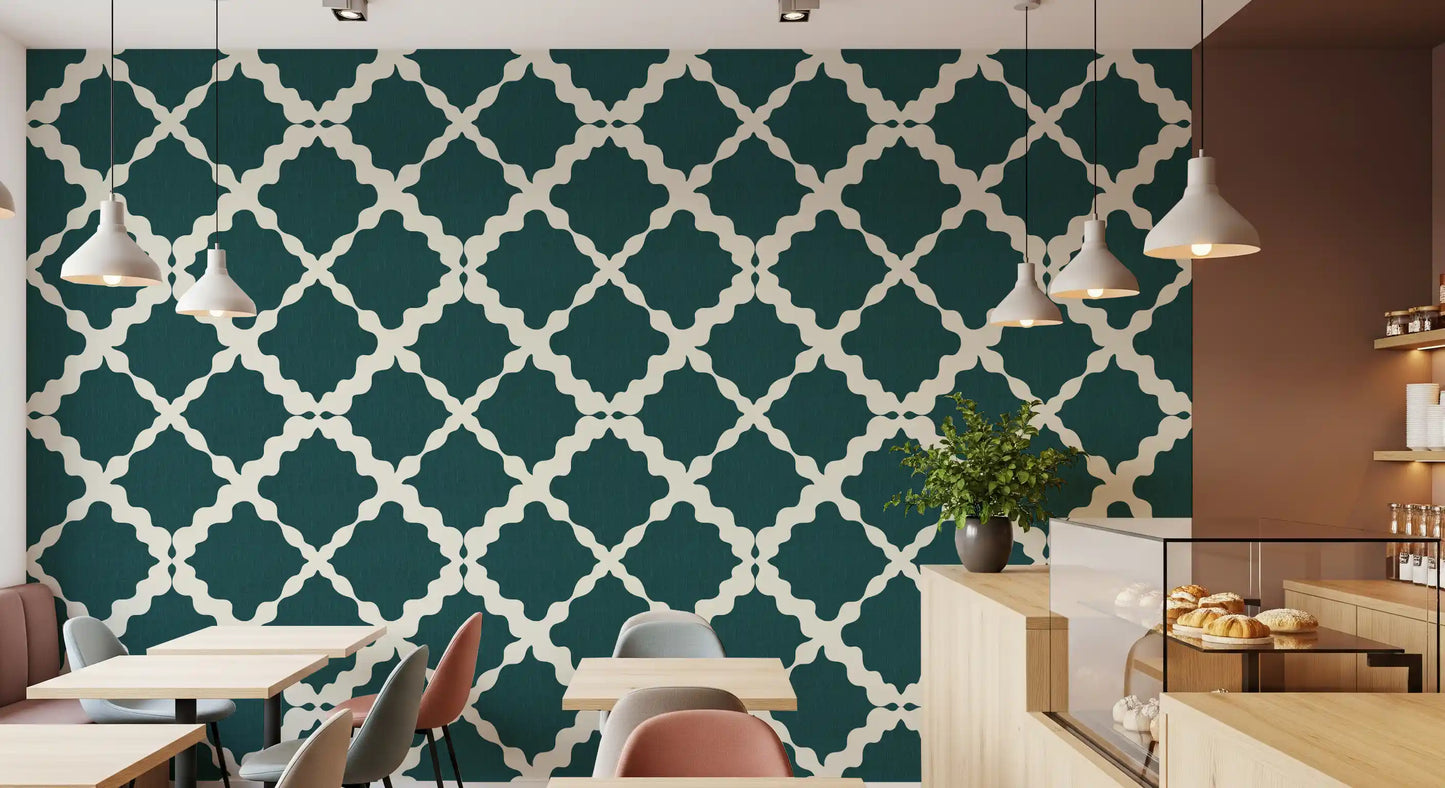 Modern teal trellis wallpaper gives a Restaurant  minimalist polish and geometric calm