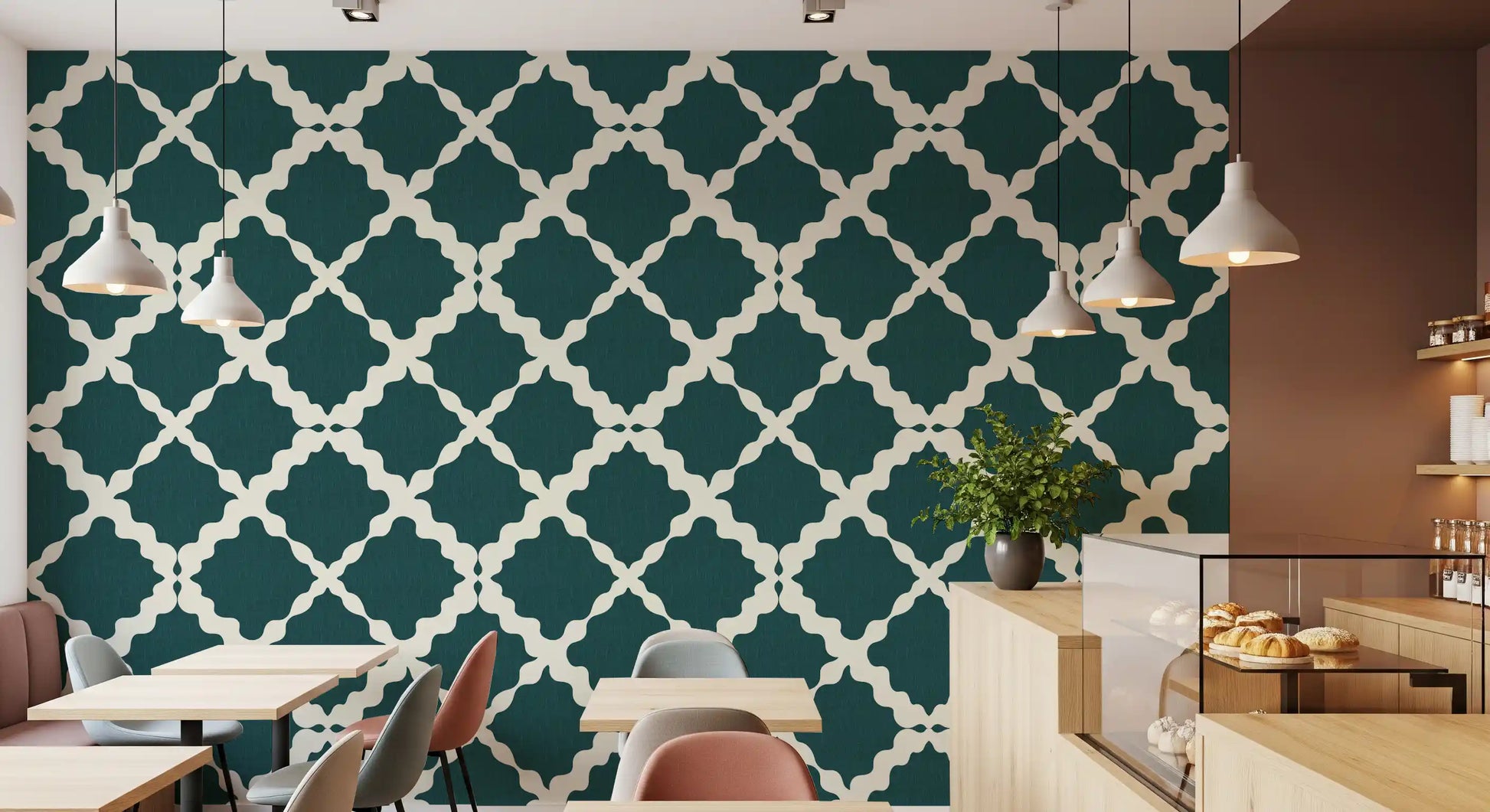 Modern teal trellis wallpaper gives a Restaurant  minimalist polish and geometric calm