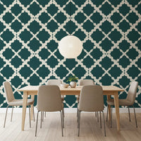 Trellis quatrefoil pattern in deep teal wallpaper with cream linen-look texture