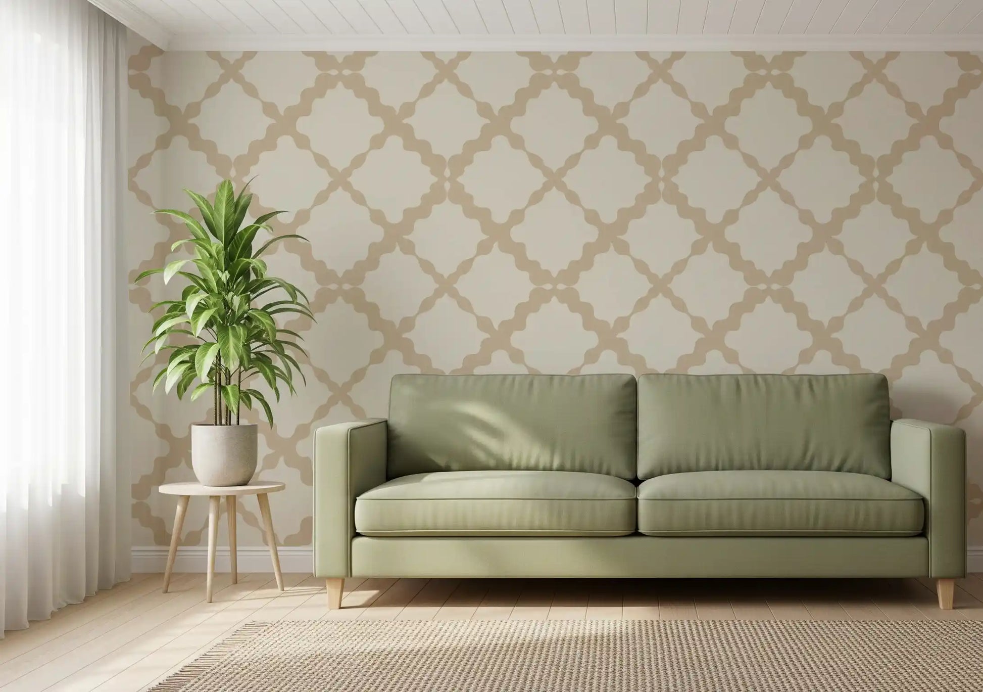Curved lattice motifs spread over the matte beige wallpaper finish.