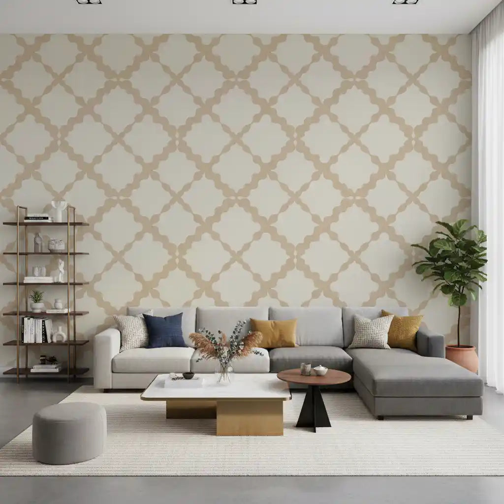 Linen textured ground sits beneath the quatrefoil wallpaper of a neutral lounge.