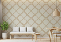 Cream beige quatrefoil wallpaper repeats evenly through a calm modern Dining room.