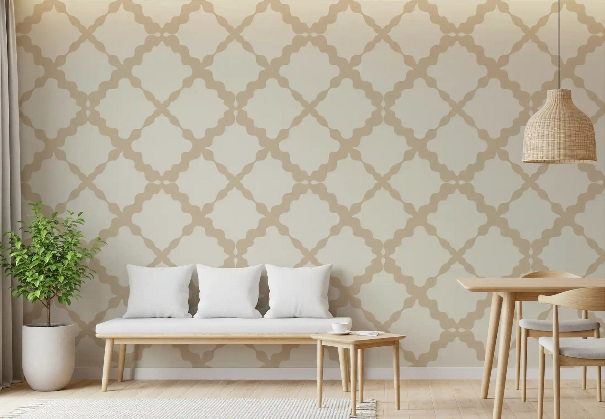 Cream beige quatrefoil wallpaper repeats evenly through a calm modern Dining room.