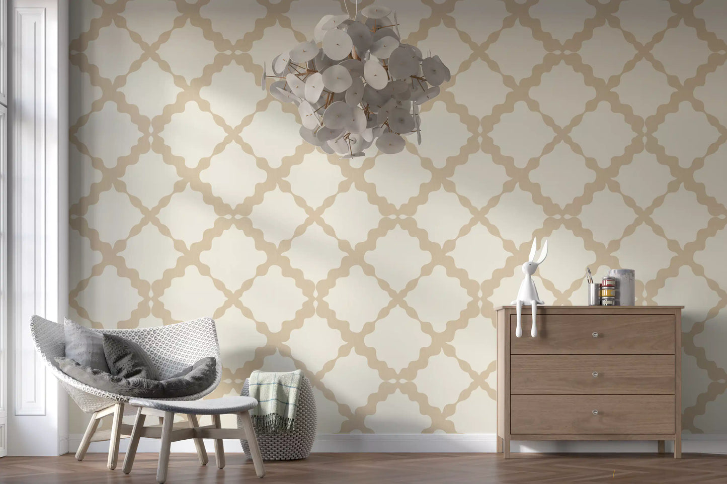 An even trellis grid covers the wallpaper of a neat hallway corner.