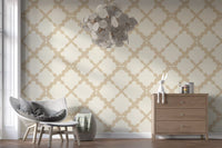 An even trellis grid covers the wallpaper of a neat hallway corner.