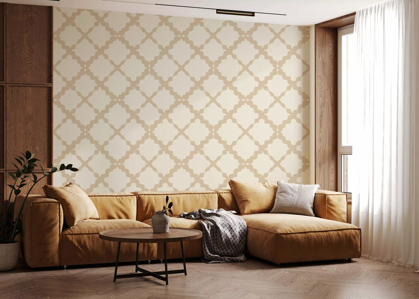 Used in a modern Living room, the beige quatrefoil wallpaper keeps the eye relaxed.