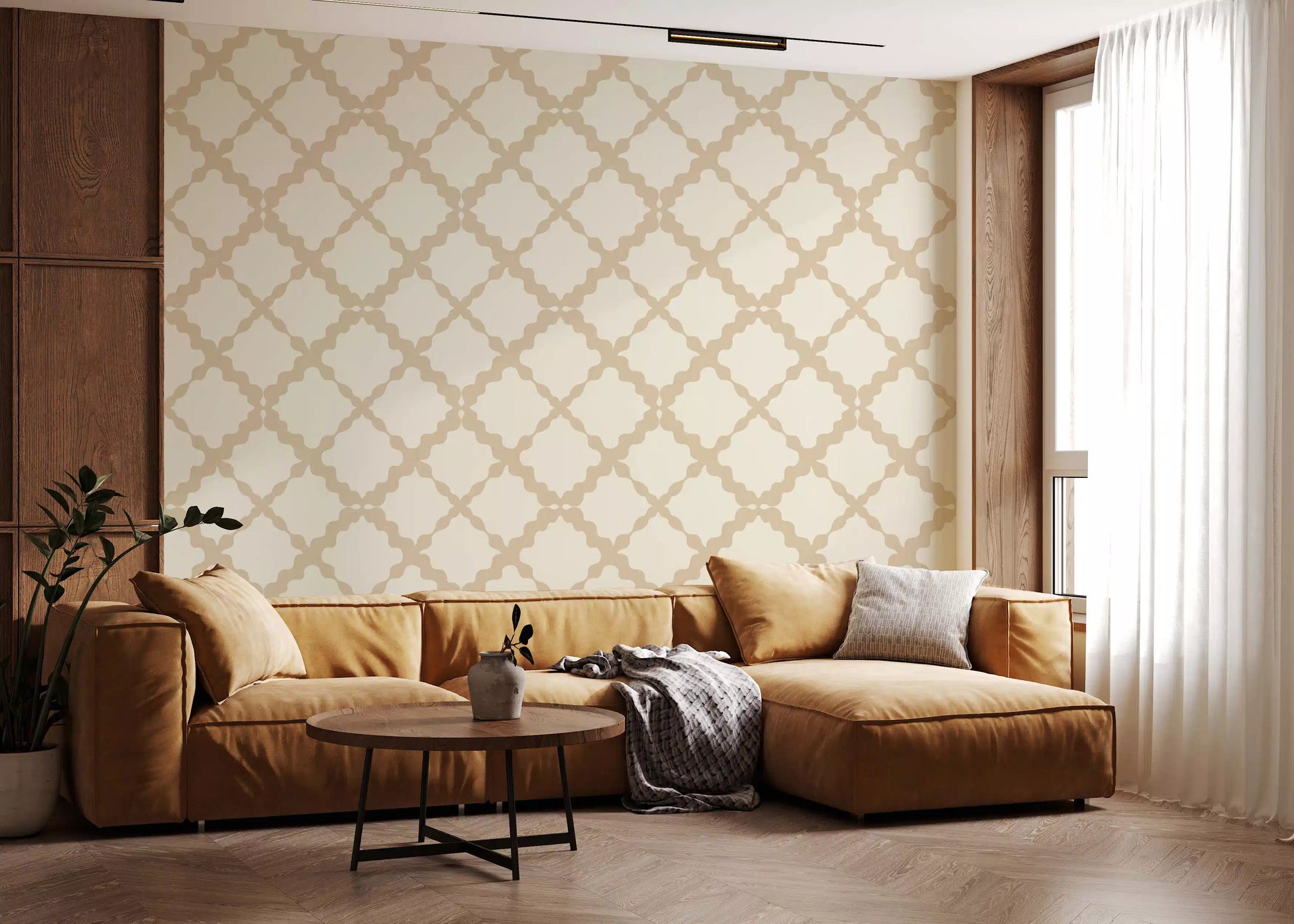 Used in a modern Living room, the beige quatrefoil wallpaper keeps the eye relaxed.