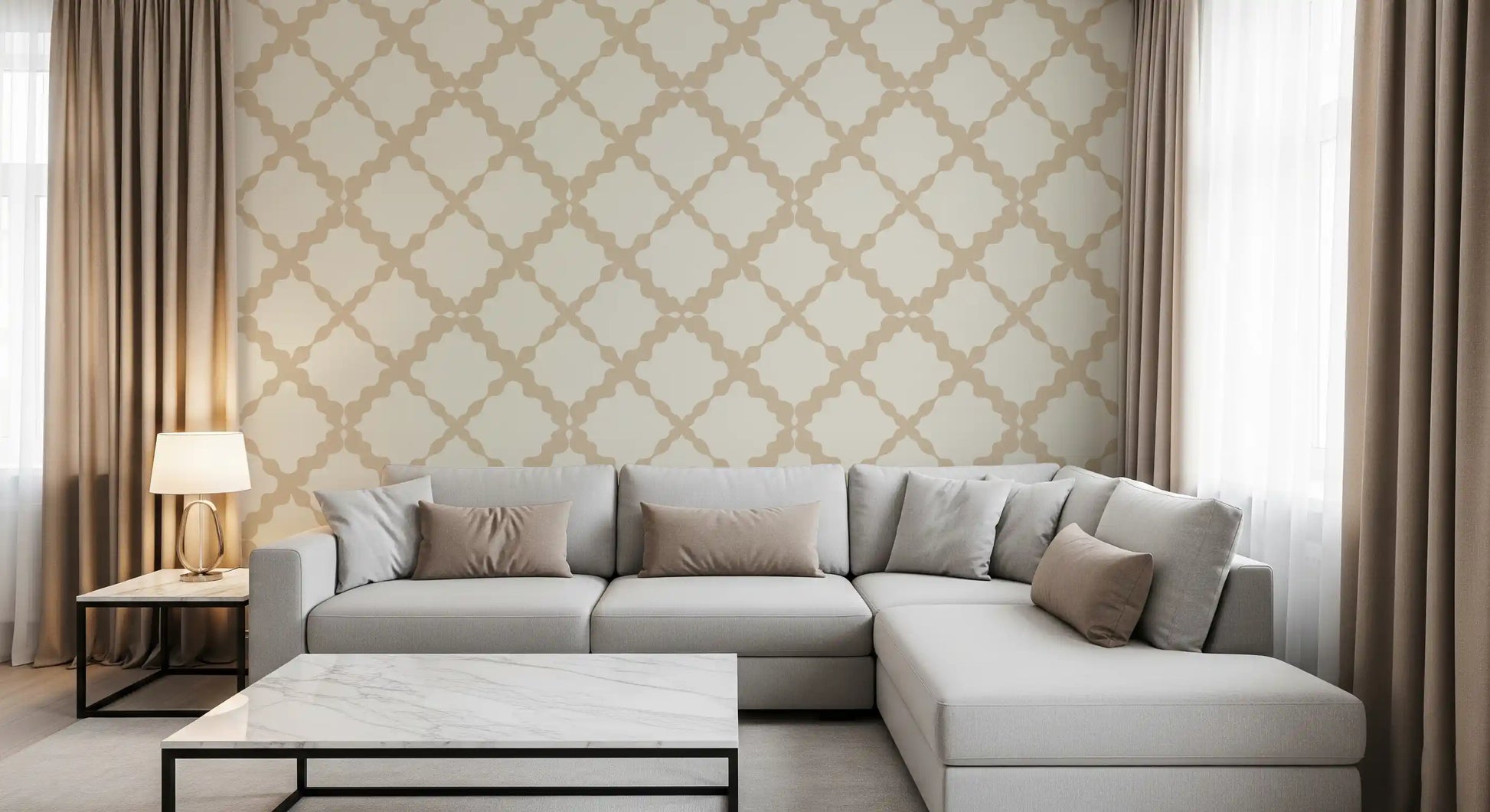 Beige curved ribbons mark the wallpaper around a Living room with a steady rhythm.