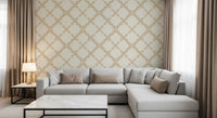 Beige curved ribbons mark the wallpaper around a Living room with a steady rhythm.