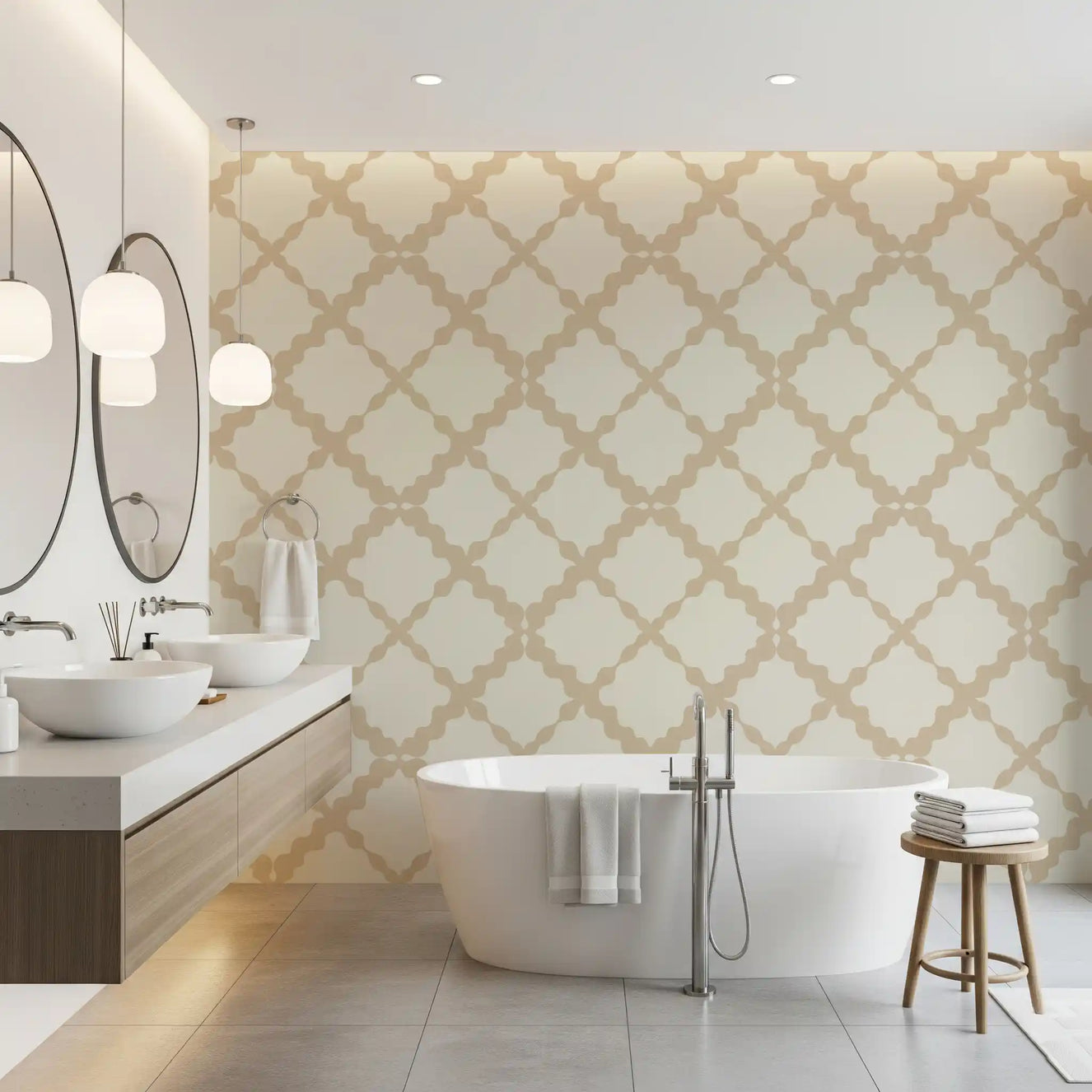 Spreading evenly, the geometric trellis wallpaper holds a clean line in a bathroom.