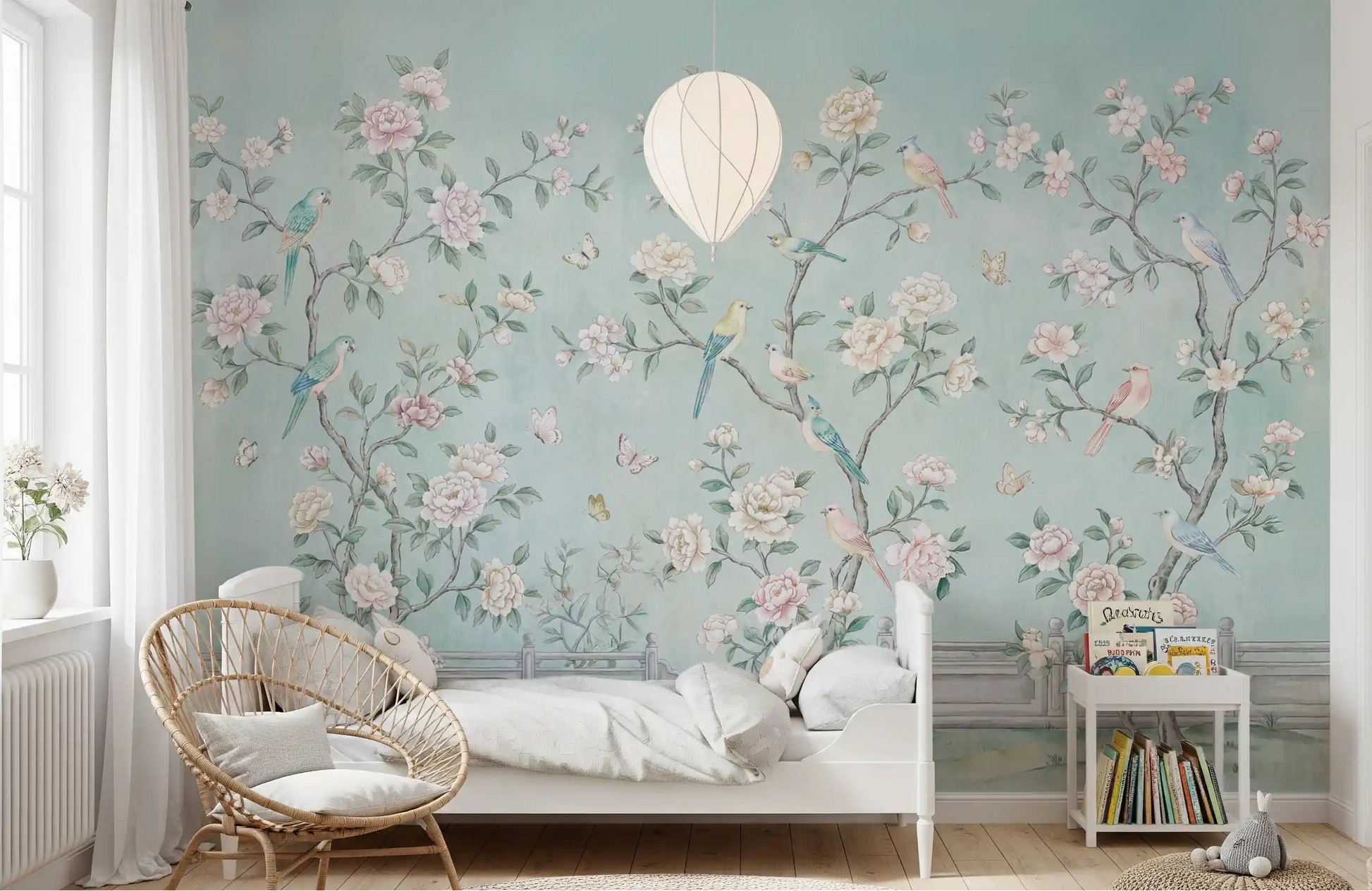 Pink peonies and birds fill a Kids bedroom with the Serene Chinoiserie Aviary wall mural.