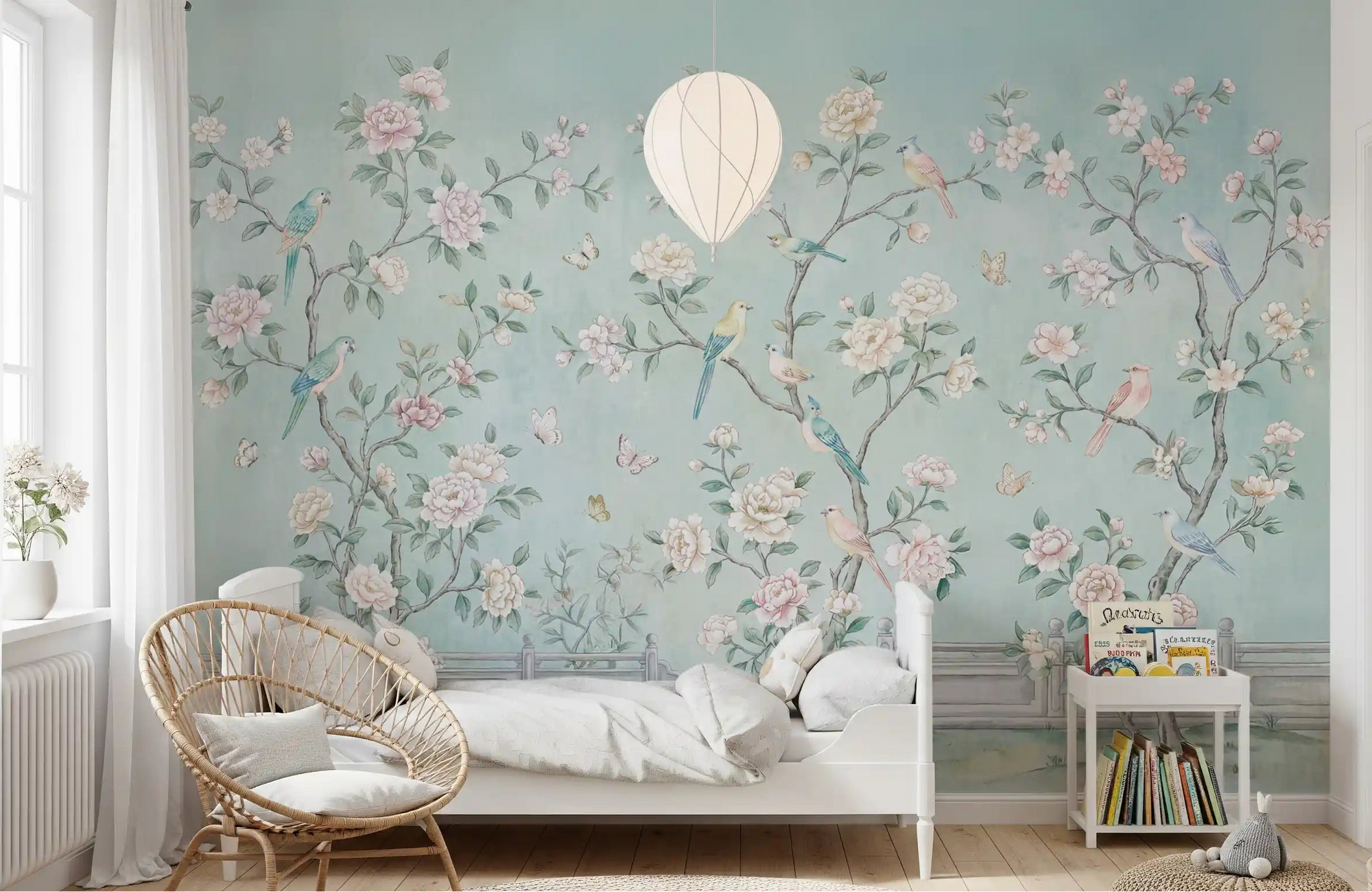 Pink peonies and birds fill a Kids bedroom with the Serene Chinoiserie Aviary wall mural.