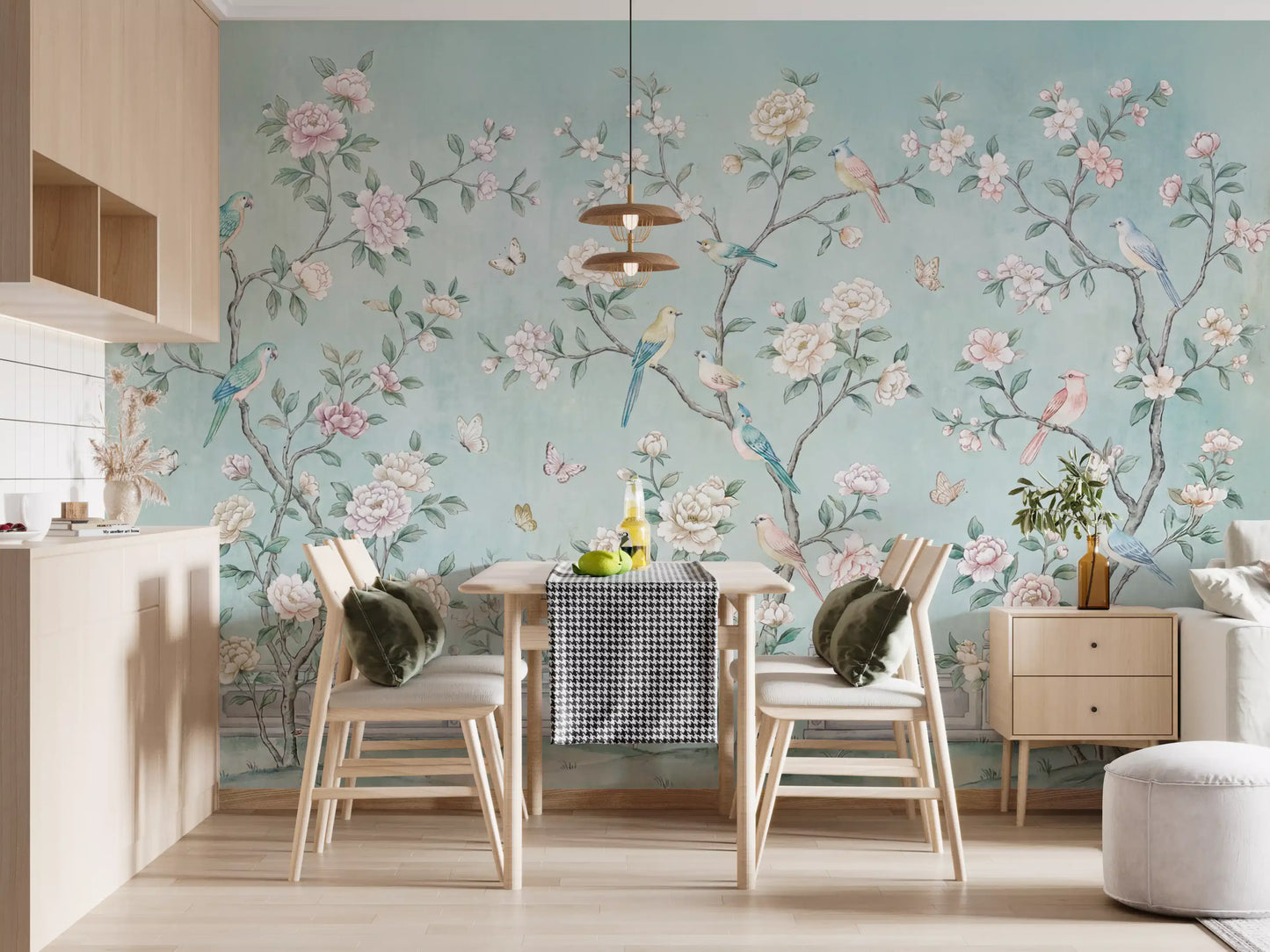 Pastel aqua and rose run through this Chinoiserie Aviary wall mural over a dining room.