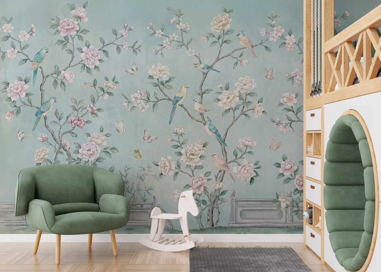 Full panel of birds and blossoms across a nursery in this Chinoiserie Aviary wall mural.
