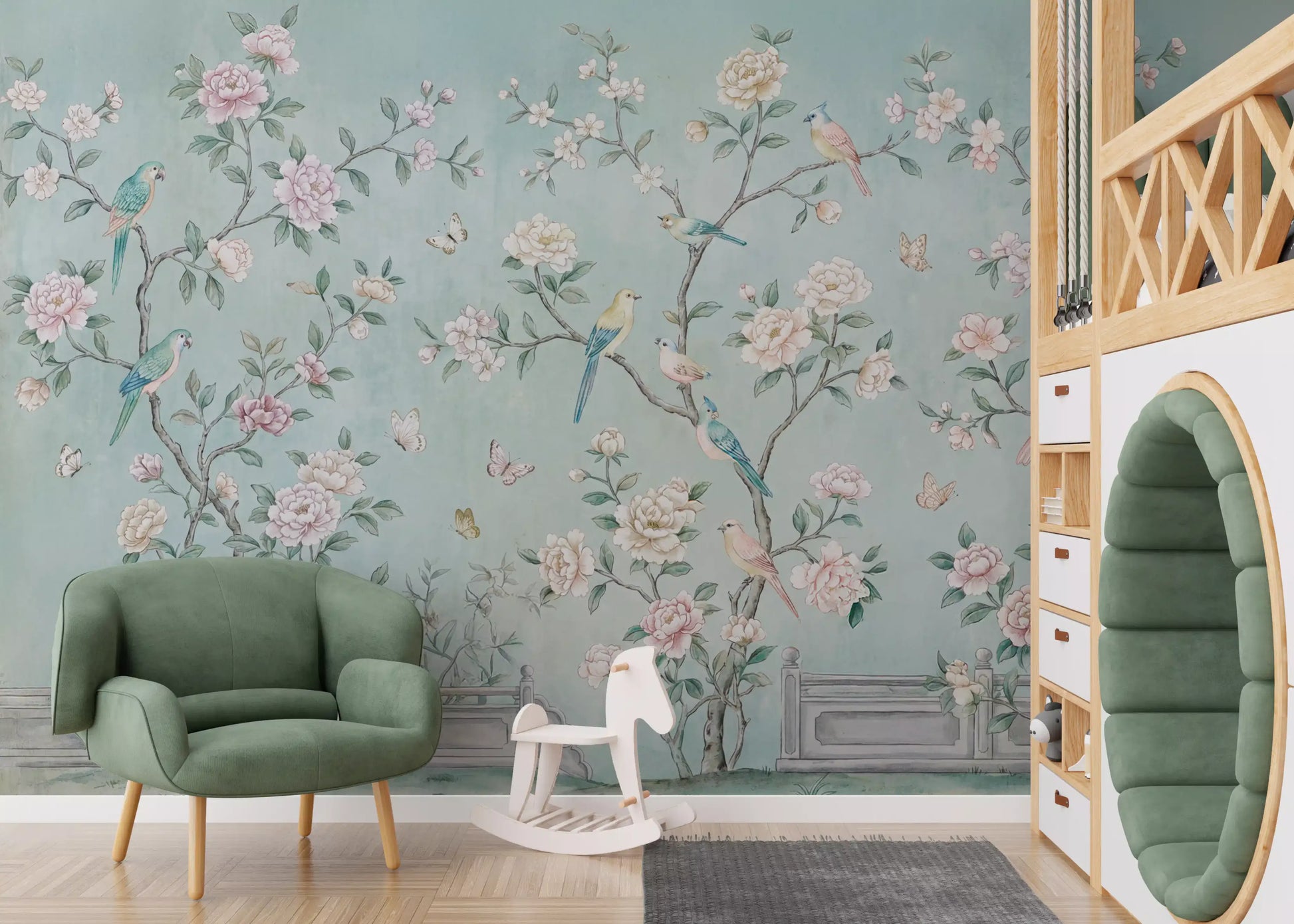 Full panel of birds and blossoms across a nursery in this Chinoiserie Aviary wall mural.
