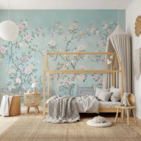 Yellow and blue birds rest among flowering stems of this Chinoiserie Aviary wall mural.