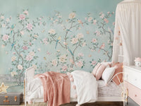 Chinoiserie Aviary wall mural sends pastel butterflies through painted peony branches.