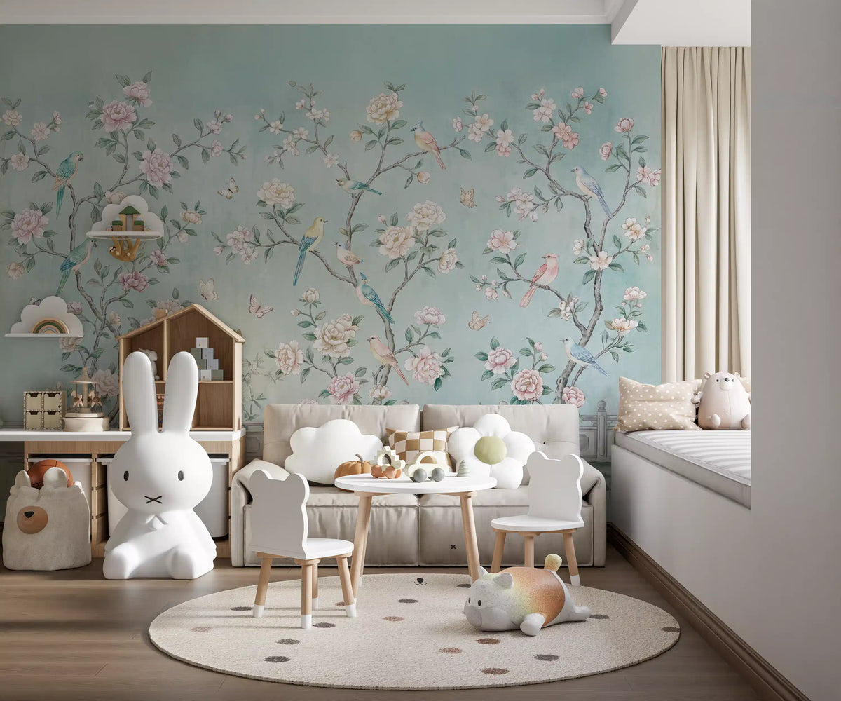 Birds Perched on Peony Blossom Chinoiserie Wall Mural